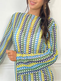 Cette robe ajourée aux nuances de vert et de bleu est l’essence même de la légèreté estivale. Son tissu délicatement travaillé laisse respirer la peau, offrant une sensation de fraîcheur idéale pour les journées ensoleillées. À la fois élégante et décontractée, elle sublime la silhouette tout en apportant une touche bohème et raffinée.