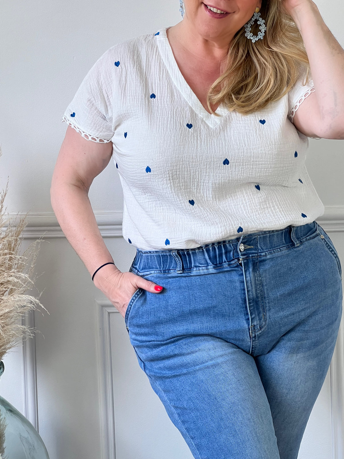 Ecru-blaue Bluse aus Baumwollgaze: Esma