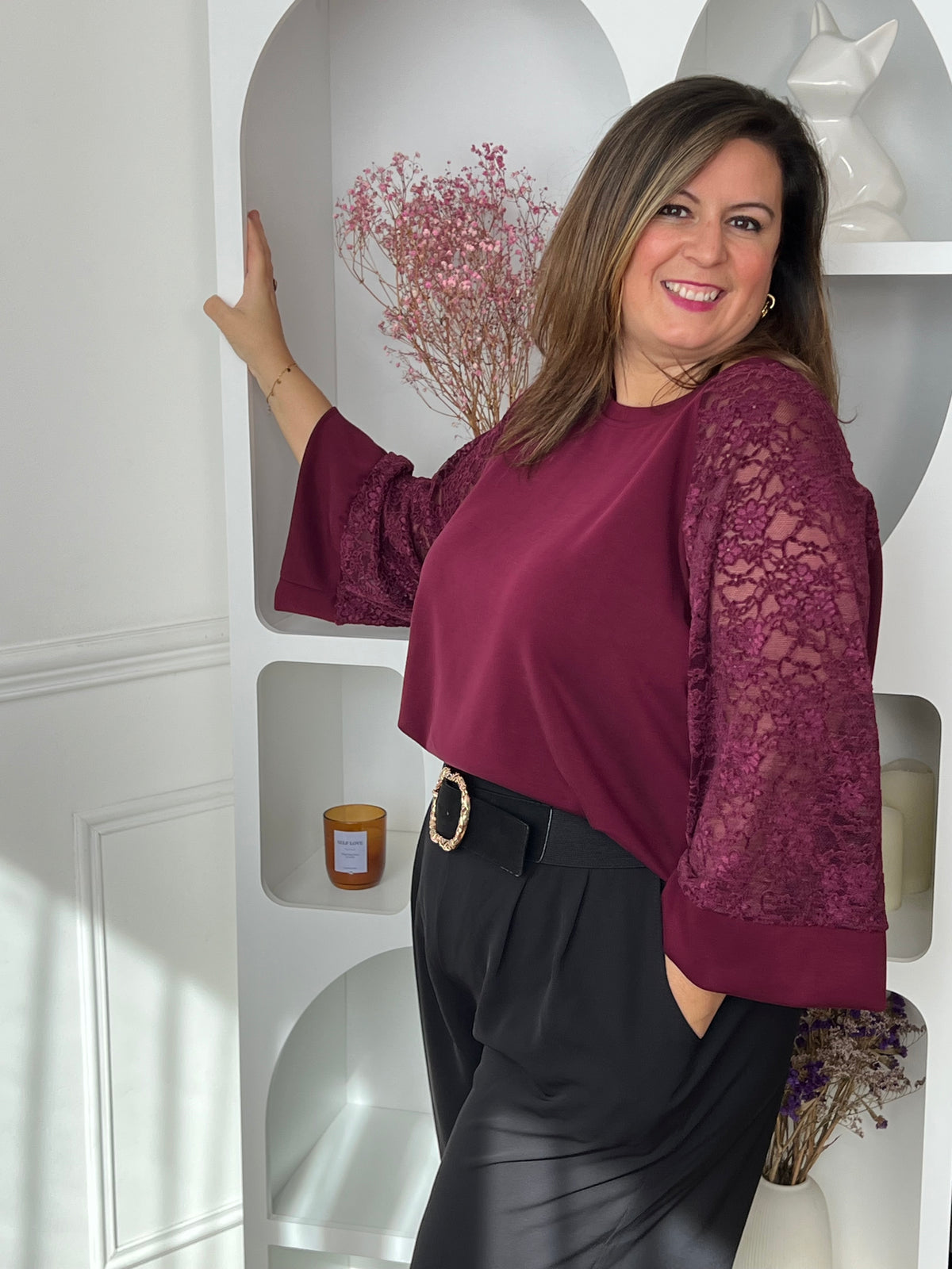 Pull bordeaux avec dentelle grande taille : Alec