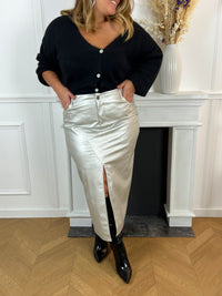 Jupe longue argentée femme grande taille Jupe longue moulante  Taille haute Coupe droite Poche à l'avant et à l'arrière Fermeture éclair et bouton Fente sur le devant  Couleur: gris Composition : 65% Polyester, 35% PU Made in P.R.C