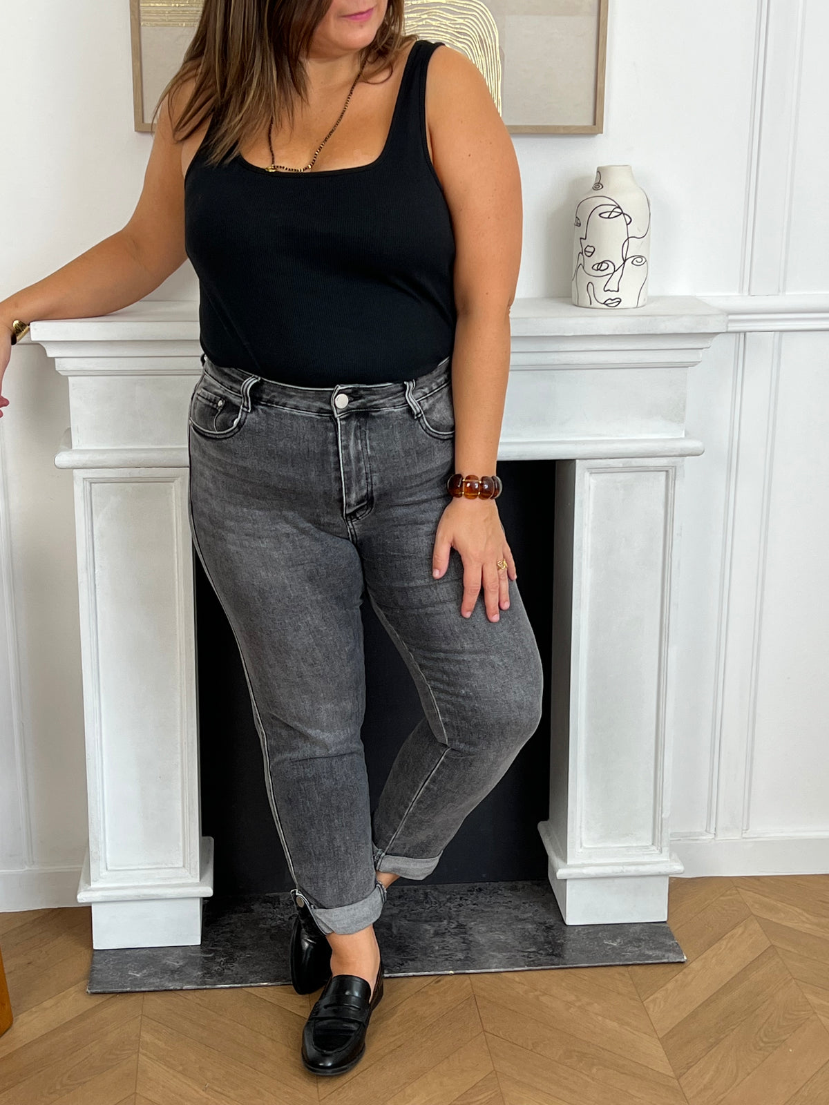 Jean mom gris grande taille : Melya