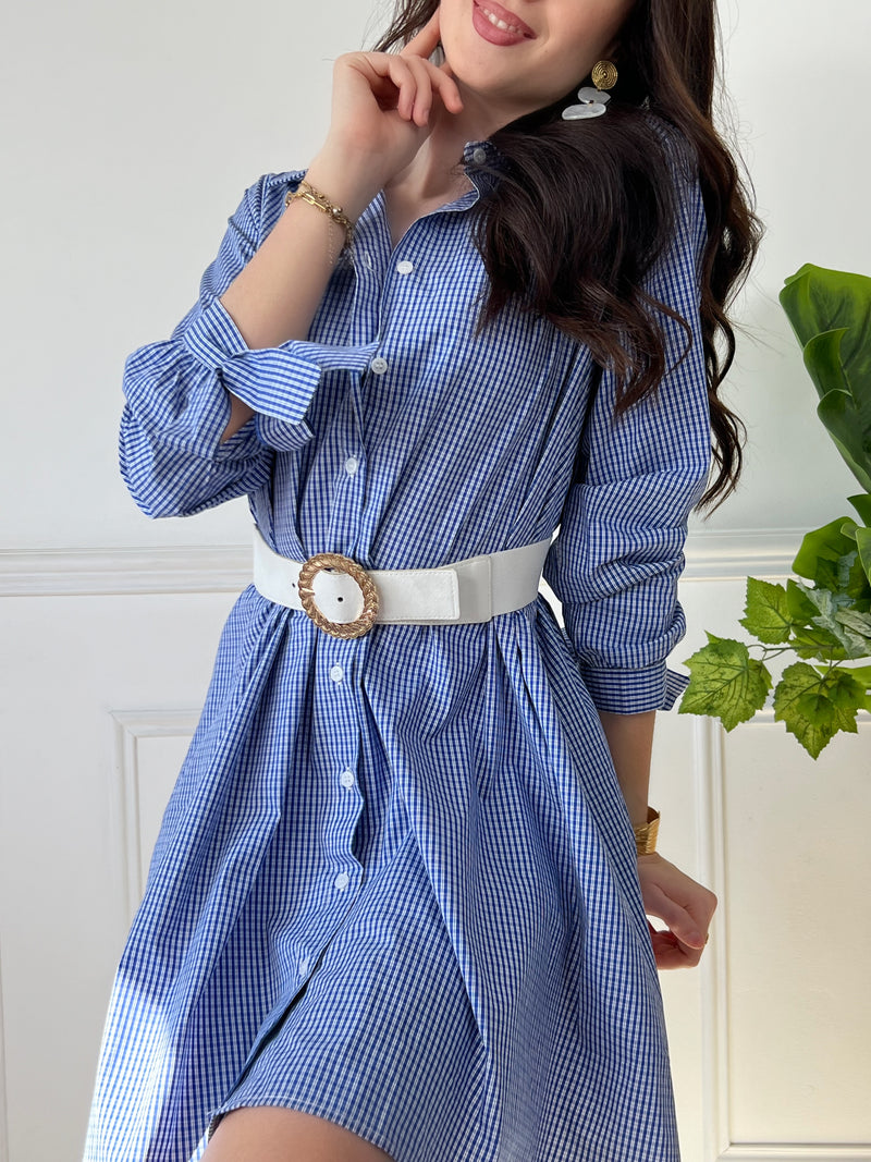 Cette robe chemise à carreaux bleue est un must-have pour une tenue à la fois décontractée et élégante. Les manches longues et le lien de serrage aux manches ajoutent une touche de sophistication, tandis que le col chemise et les boutons sur la longueur apportent une touche de style. Parfaite pour toutes les occasions, cette robe vous accompagnera avec confort et style.