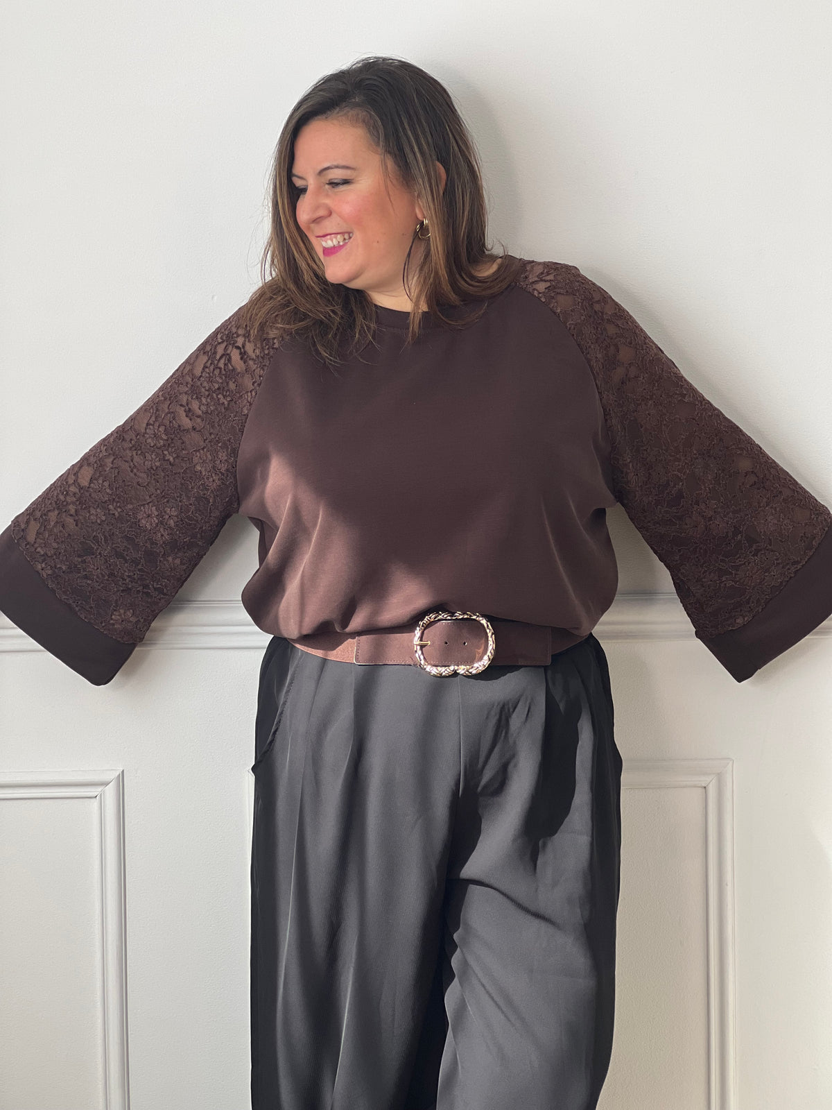Pull marron avec dentelle grande taille : Alec