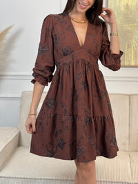 Élégante et naturelle, cette robe courte marron à motifs argenté séduit par son col V flatteur et sa coupe fluide. Légère et féminine, elle sublime la silhouette avec charme et douceur, parfaite pour toutes les occasions.