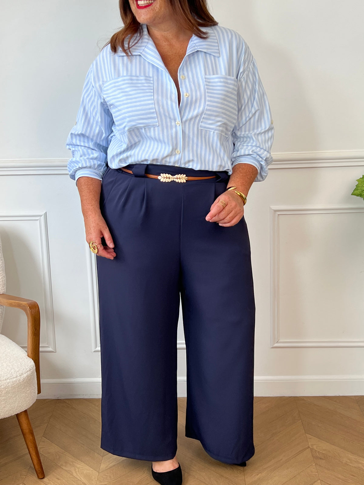 Pantalon bleu coupe droite grande taille femme 
