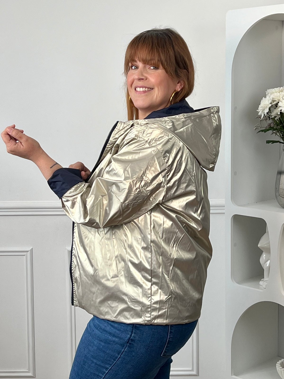 Reversible Daunenparka in Gold und Blau für große Größen: Sora