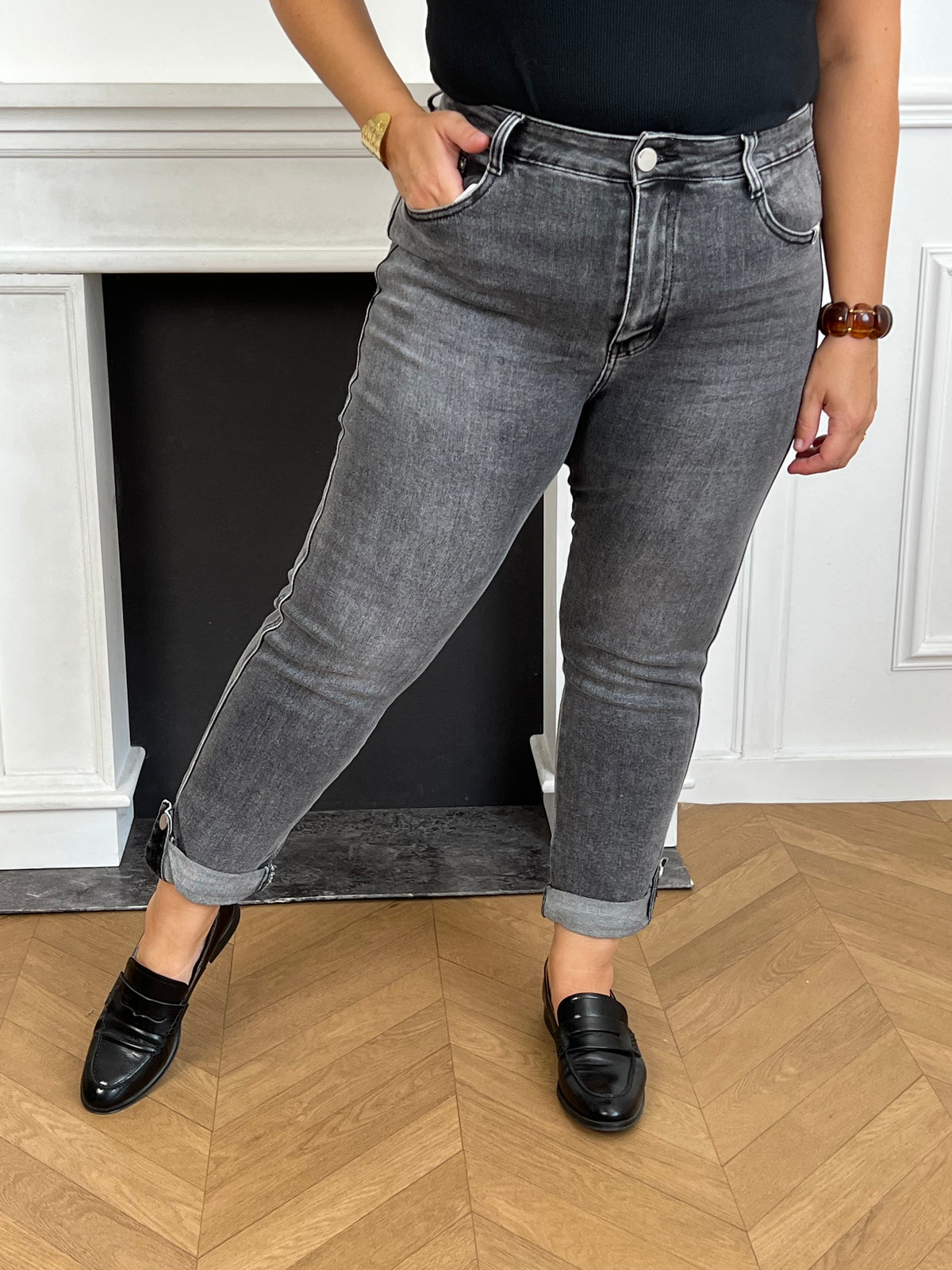 Jean mom gris grande taille : Melya