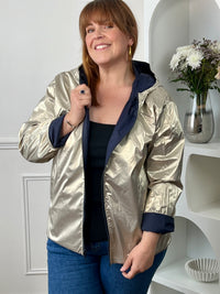 Reversible Daunenparka in Gold und Blau für große Größen: Sora