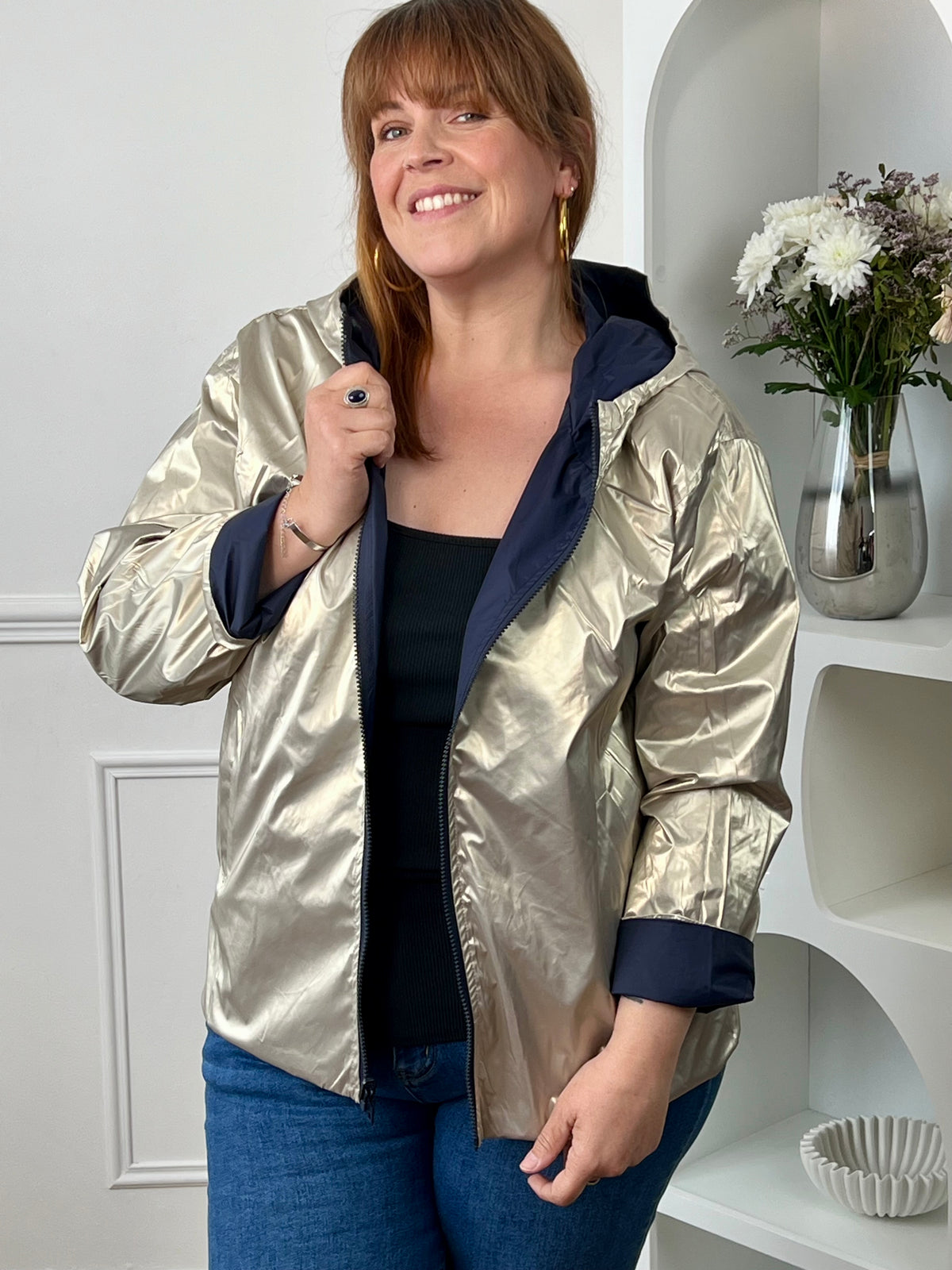 Reversible Daunenparka in Gold und Blau für große Größen: Sora