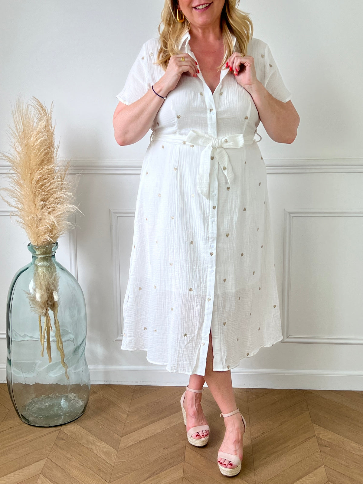 Ecru long dress with gold hearts: Naomi