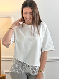 Découvrez notre tee-shirt blanc Romeo, un incontournable de la garde-robe féminine. Coupe épurée avec manches courtes et col rond, il allie confort et élégance. La dentelle délicate qui orne le bas ajoute une touche de féminité raffinée à ce basique polyvalent. Parfait pour créer des looks simples et sophistiqués au quotidien.