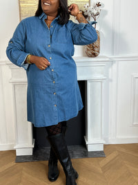 Robe bleue en jean grande taille : Kella