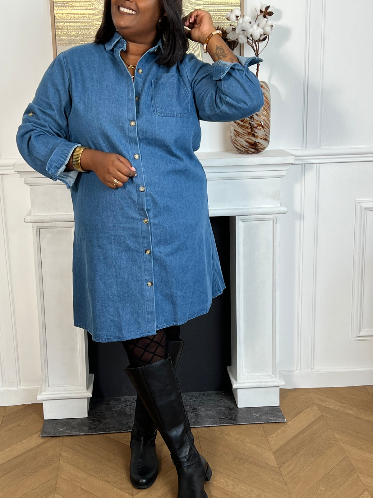 Robe bleue en jean grande taille : Kella