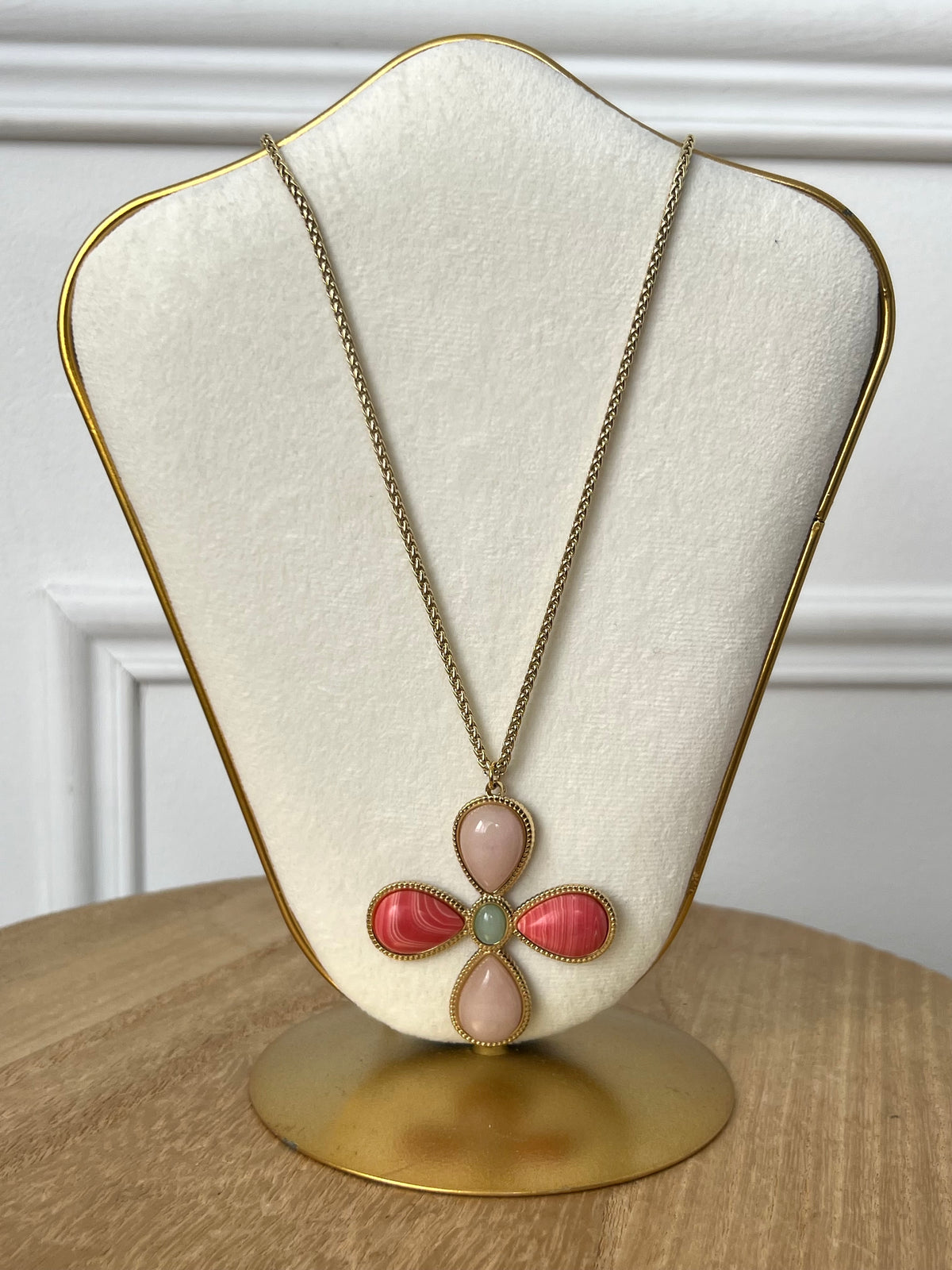 Lange Halskette in Rosa und Beige: Onyx