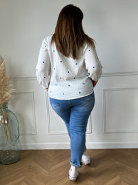 Off-white and blue shirt: Sania