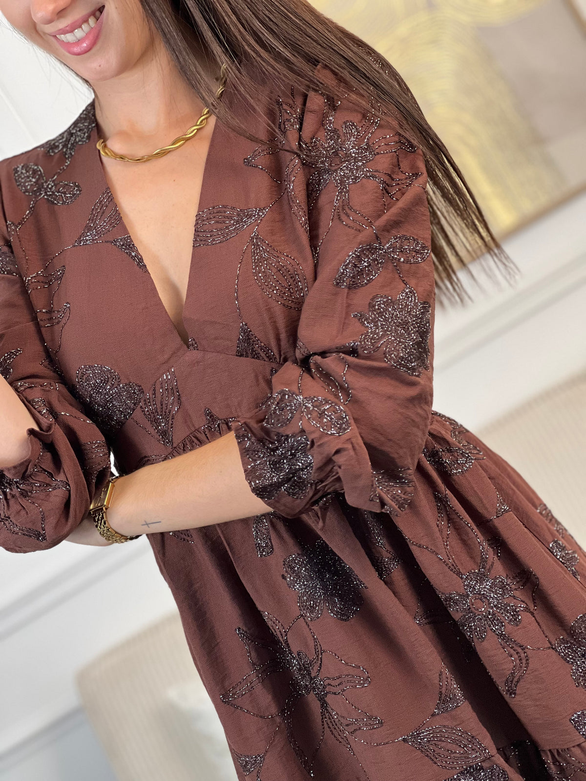 Élégante et naturelle, cette robe courte marron à motifs argenté séduit par son col V flatteur et sa coupe fluide. Légère et féminine, elle sublime la silhouette avec charme et douceur, parfaite pour toutes les occasions.