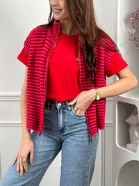 Gilet sans manches rouge et rose à rayures , parfait pour un look tendance et chaleureux.
Doté d’un col montant et d’une fermeture éclair pour plus de confort au quotidien.
Sa composition avec laine apporte douceur et chaleur idéale pour la saison.
Un indispensable facile à associer pour un style casual et moderne.