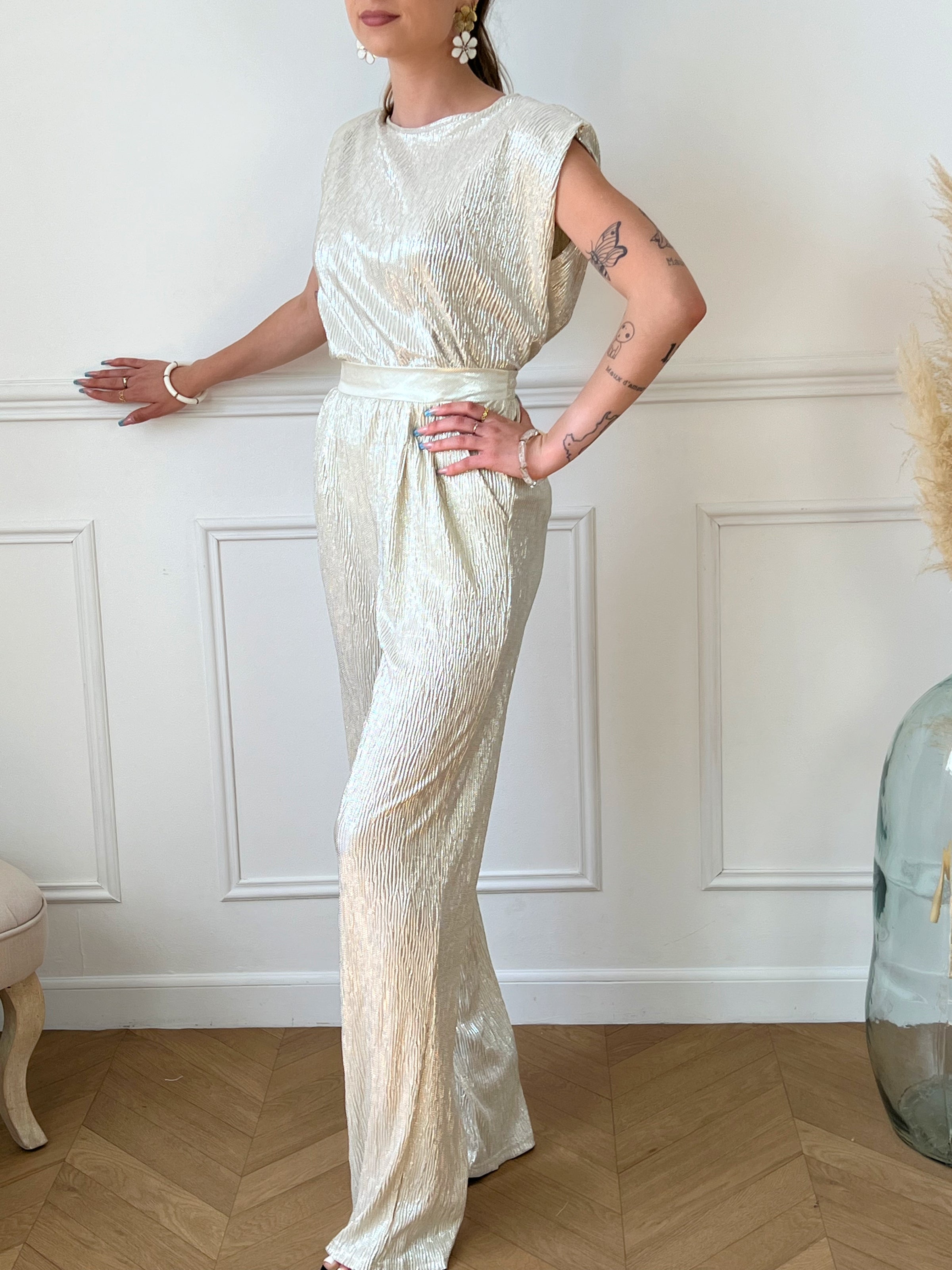 Pantalon métallisé beige : Amira - Loïcia