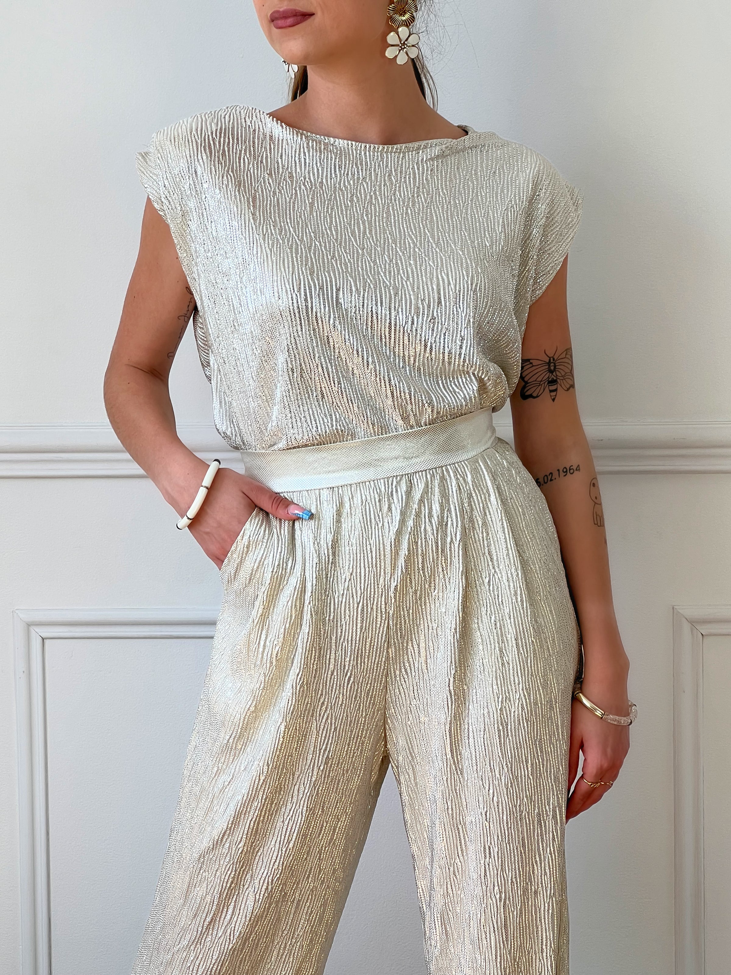 Pantalon métallisé beige : Amira - Loïcia