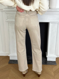 JEAN BEIGE COUPE DROITE Jean taille haute Coupe droite Fermeture boutons et zip 2 poches devant et 2 poches derrières Couleur : beige Composition : 98,5% Coton, 1,5% Elasthanne Lavage à la main conseillé, laver à l’envers Made in P.R.C